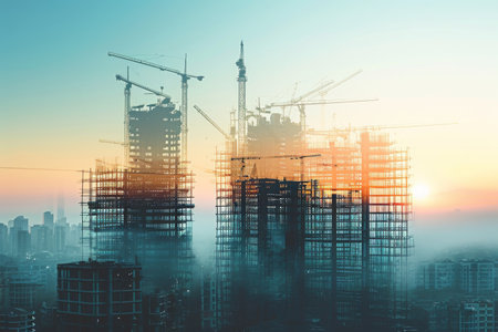 This photo captures the urban landscape of a city, showcasing a multitude of towering buildings, Cityscape horizon blended with infrastructure under construction, AI Generatedの素材