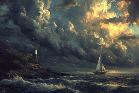 A realistic painting capturing the intensity of a stormy day, featuring a lighthouse amidst crashing waves and dark clouds, Calm before the storm, AI Generatedの素材
