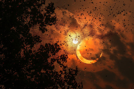 A photo capturing a partial solar eclipse as it peers through a layer of clouds, creating a celestial spectacle, Eclipse shaped confetti filling the sky during a solar eclipse event, AI Generatedの素材