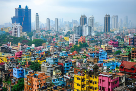 A photo capturing the vibrant energy of a large city adorned with numerous towering buildings, bustling with activity, Mumbai's chaotic and colorful skyline at midday, AI Generatedの素材