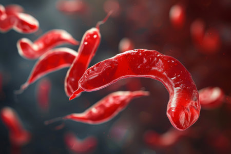 A group of red blood cells suspended in mid-air, Close-up detailed view of sickle cells in the bloodstream, AI Generatedの素材