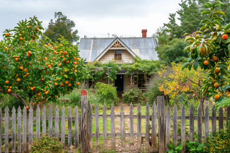 An orange tree stands prominently in front of a residential house, showcasing its vibrant fruit and lush foliage, Old farm house with a picket fence and fruit trees, AI Generatedの素材