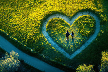 Two individuals create a heart shape with their bodies while standing, Couple holding hands, walking on a heart-shaped path, AI Generatedの素材