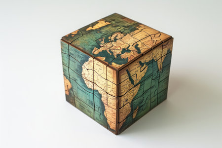 A wooden cube featuring a detailed map of the world, showcasing countries, continents, and major bodies of water, Three dimensional, cube-shaped puzzle gift box, AI Generatedの素材