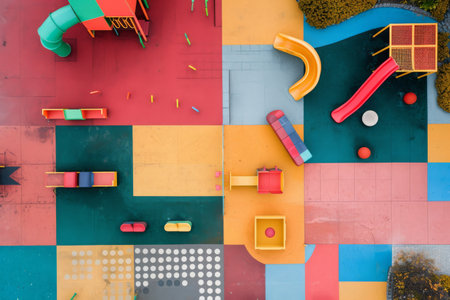 An overhead view of a vibrant play area filled with colorful furniture providing an inviting and engaging space for children to play and explore, The top view of a geometric playground, AI Generatedの素材