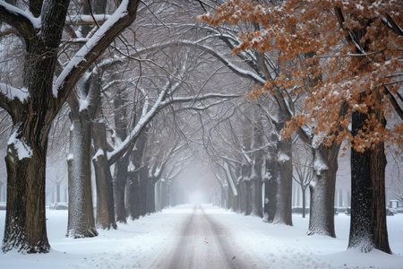 A winter scene featuring a road covered in snow and bordered by trees, The whimsical charm of a tree alley in a park during snowfall, AI Generatedの素材