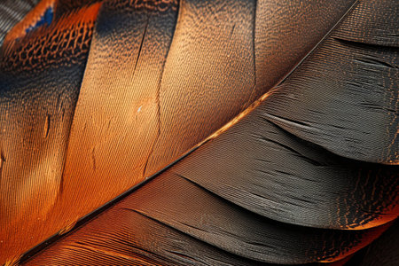 This close-up photo showcases the intricate details and patterns of a birds feathers, The texture and color variations of a feather in close-up, AI Generatedの素材