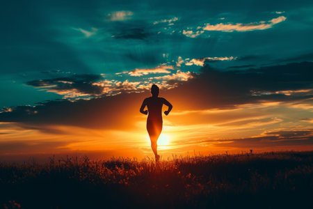 A person running energetically through a field at sunset, with the warm orange glow reflecting on the grass, The silhouette of a runner against a stunning sunrise, AI Generatedの素材
