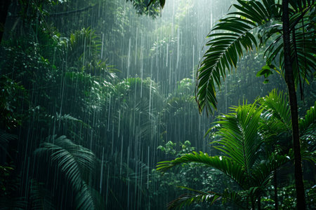 This photo showcases a lush forest filled with abundant green plants and towering trees, creating a vibrant and flourishing ecosystem, Torrential downpour in a lush rainforest, AI Generatedの素材