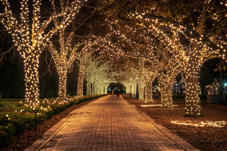 A walkway surrounded by trees adorned with festive lights, creating a stunning illuminated pathway, Tree alley illuminated by twinkling Christmas lights in a holiday park, AI Generatedの素材
