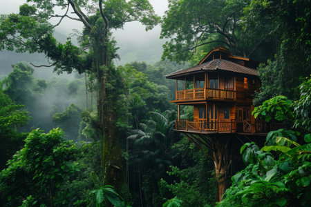 A tree house nestled in the dense foliage of a vibrant forest, providing a unique and elevated retreat, Tree house in a verdant rainforest, AI Generatedの素材