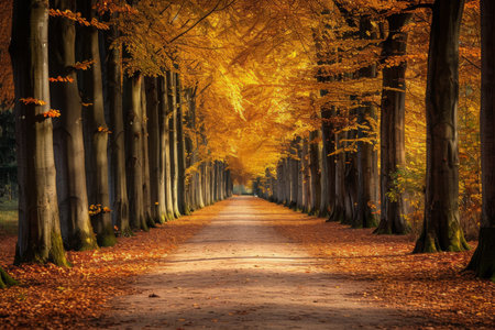 An image capturing the awe-inspiring view of a road engulfed by towering trees in the heart of a lush forest, Tree-lined path during the fall season in a calm park, AI Generatedの素材