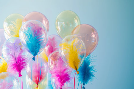 A bunch of colorful balloons adorned with feathers, creating a playful and vibrant scene, Transparent balloons filled with colorful feathers for a unique birthday party design, AI Generatedの素材