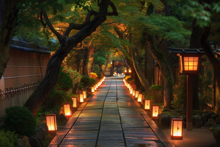 A walkway adorned with lit lanterns provides ambient lighting in the darkness of the night, Tree alley gently lit by lanterns in a tranquil Japanese park, AI Generatedの素材