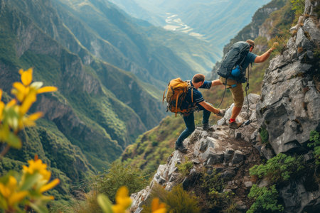A couple of individuals climbing up a rugged mountain, overcoming challenging terrain and ascending towards the summit, Two climbers on a mountain path, one assisting the other, AI Generatedの素材