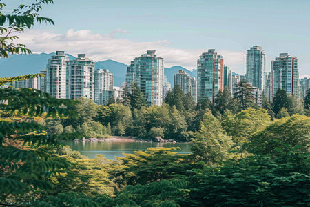 This photo shows a cityscape dominated by tall buildings in the background, providing a glimpse into urban life, Vancouver's cityscape surrounded by natural beauty, AI Generatedの素材