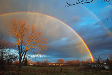 A vibrant double rainbow stretches across the sky, arching over a picturesque field and illuminating the landscape with its colorful glow, Vibrant double rainbow after a brief storm, AI Generatedの素材