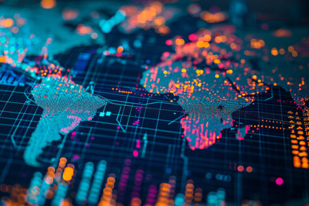 A detailed close up view of a map of the world showing continents, countries, and major cities, Visual representation of the global financial market, AI Generatedの素材