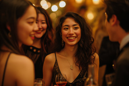 A group of diverse women standing shoulder to shoulder, united and confident, forming a strong bond of friendship, Wedding guests from diverse cultures enjoying at the reception, AI Generatedの素材