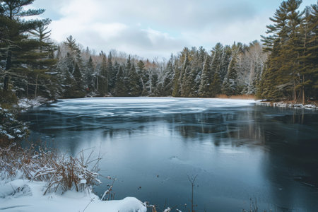 A frozen lake surrounded by snow-covered trees, creating a winter wonderland scene, Winter wonderland, an icy lake surrounded by pine trees, AI Generatedの素材