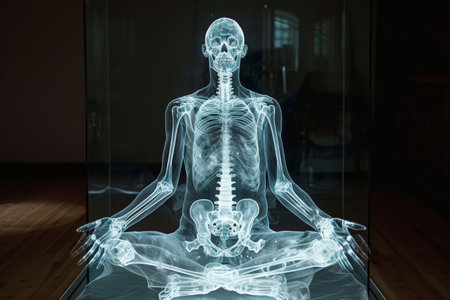 A skeleton is seated in the middle of a glass case, its bones preserved and on display, X-ray projection of the entire body, AI Generatedの素材
