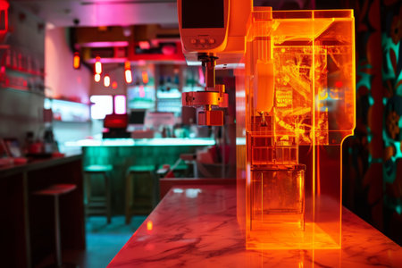 A detailed view of a machine placed on a table, displaying its intricate components and mechanisms, X-ray machine in a night club setting, AI Generatedの素材