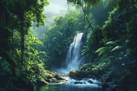 A painting capturing the grandeur of a waterfall surrounded by lush green foliage in the middle of a jungle, Waterfall pouring into a rainforest river, AI Generatedの素材