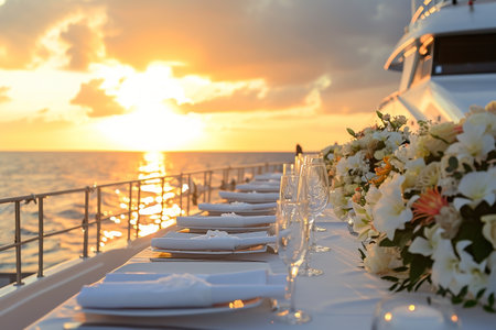 A scene of a long table set up on the deck of a boat, illuminated by the warm hues of a sunset, Wedding setup on a yacht at sunset, AI Generatedの素材