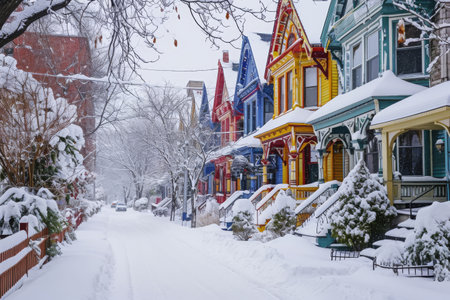 A row of brightly painted houses covered in a thick layer of snow during winter, Victorian houses lined up on a snow-laden street, AI Generatedの素材