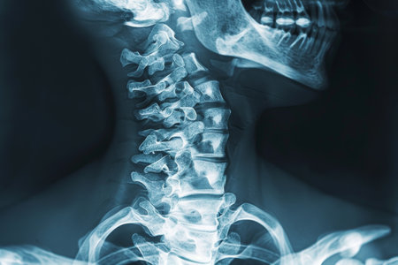 This photo shows an x-ray image of a human skeleton, revealing the structure and composition of bones, X-ray film of the neck area focused on seven cervical vertebrae, AI Generatedの素材