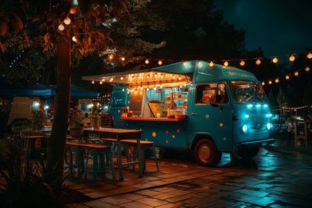 A food truck is seen parked on the side of a busy road, serving customers delicious and convenient meals, Vintage food truck in a well-illuminated night market, AI Generatedの素材