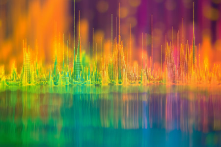 A digital artwork depicting a vibrant rainbow-filled sky above a bustling cityscape, Visual representation of sound wave frequencies in a festival of colors, AI Generatedの素材