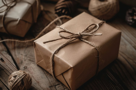 A brown wrapped present sits prominently on top of a sturdy wooden table, Vintage style gift box with brown paper and twine, AI Generatedの素材