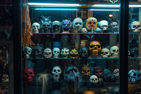 A display case containing a wide assortment of skulls from various species, showcasing the diversity of bone structures, Variety of Halloween masks displayed in a moonlit shop window, AI Generatedの素材