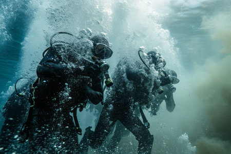 Group of People in Scuba Gear in the Water, Underwater training of special forces soldiers showcasing their scuba diving skills, AI Generatedの素材