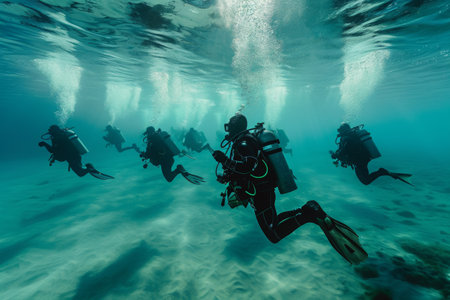 Group of People in Scuba Gear in the Water, Underwater training of special forces soldiers showcasing their scuba diving skills, AI Generatedの素材