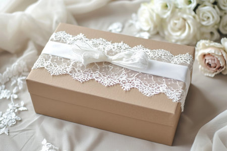 A brown box wrapped with a white ribbon and adorned with delicate lace, creating an elegant and charming presentation, Wedding themed gift box with white lace, AI Generatedの素材
