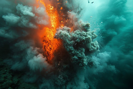 Aerial View of an Oceanic Volcano, Underwater volcanic eruptions, casting an eerie, fiery glow onto the surrounding lifeforms, AI Generatedの素材