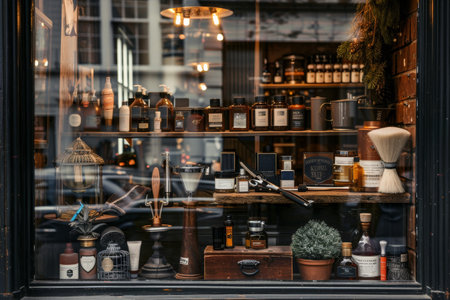Store front window of a barber shop showcasing a variety of bottles, A barber shop window display featuring grooming products and barber toolsの素材