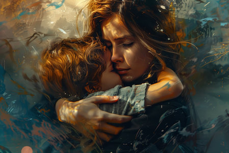 A painting showcasing a mother lovingly holding her young child in her arms, A beautiful depiction of a mother and son embracingの素材