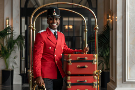 A bellhop in a red suit and hat holding two suitcases, A bellhop carrying a stack of luggage on a polished brass luggage cartの素材