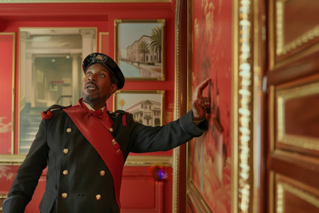 A bellhop in uniform stands next to a vibrant red wall, escorting a guest, A bellhop escorting a guest to their room, pointing out landmarks along the wayの素材