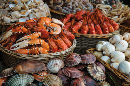 Multiple baskets brimming with a diverse collection of shells of different shapes, sizes, and colors, A bounty of fresh seafood and shellfishの素材