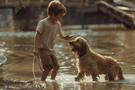 A boy and his pet dog are joyfully playing in the water, with both wagging their tails, A boy with a pet dog, both with wagging tailsの素材
