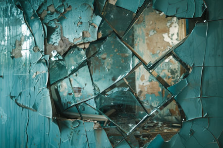 Broken mirror with shards, resting on side of wall, A broken mirror reflecting a shattered imageの素材