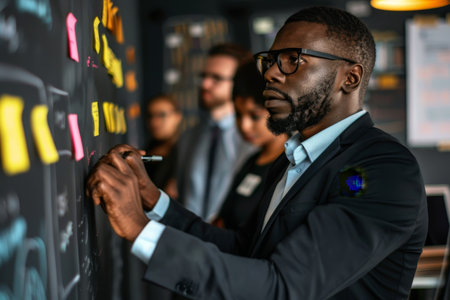 A man in a suit standing in front of a blackboard and writing, brainstorming for a business presentation, A businessman brainstorming with colleagues in a creative sessionの素材