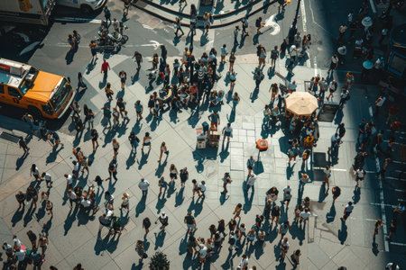Diverse Crowd Standing on City Street Corner, A bustling city square filled with a diverse crowd of peopleの素材