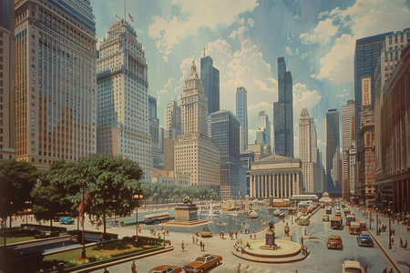 A painting depicting a bustling city square with towering skyscrapers in the background, A bustling city square with skyscrapers towering overheadの素材