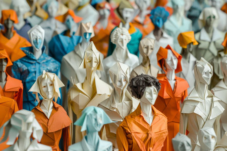 A varied paper crowd stands closely side by side, illustrating diversity and unity, A bustling crowd of diverse individuals, each unique in their paper-folded formの素材