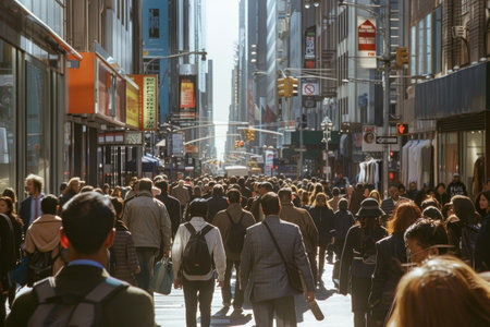 A busy street surrounded by tall buildings with a crowd of people walking briskly, A busy city street filled with people in business attireの素材